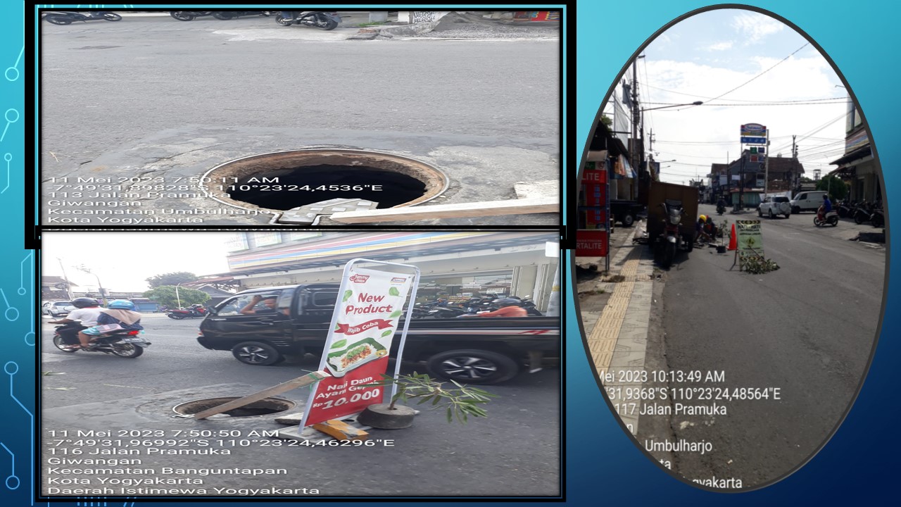 Tindak lanjut pelaporan  patahnya  tutup drainase limbah  di Jalan Pramuka Giwangan pada hari Kamis tanggal 11 Mei 2023